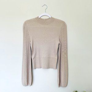 Express Mock Neck Balloon Sleeve Blouse, Beige Workwear, Women's Small